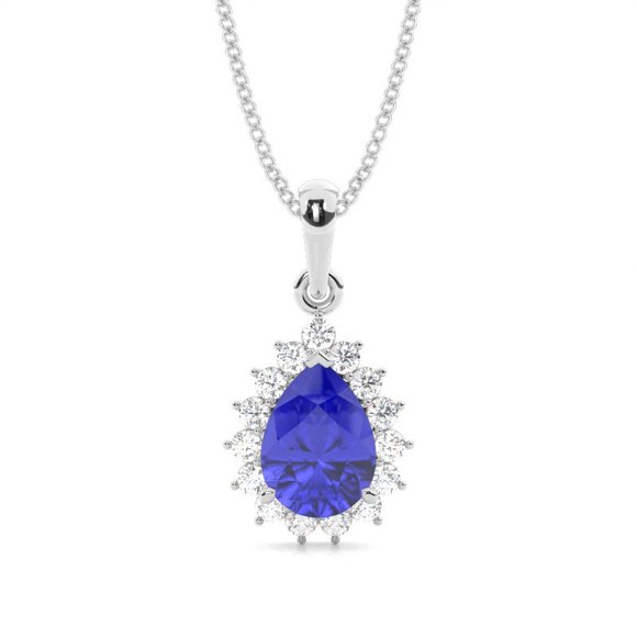 2.10 T.C.W Pear Shape CZ Lab Created Tanzanite Gemstone Charming Halo Pendant Necklace With 18 inches Chain for Ladies 14K White Gold over Silver by Diamond-Capitals