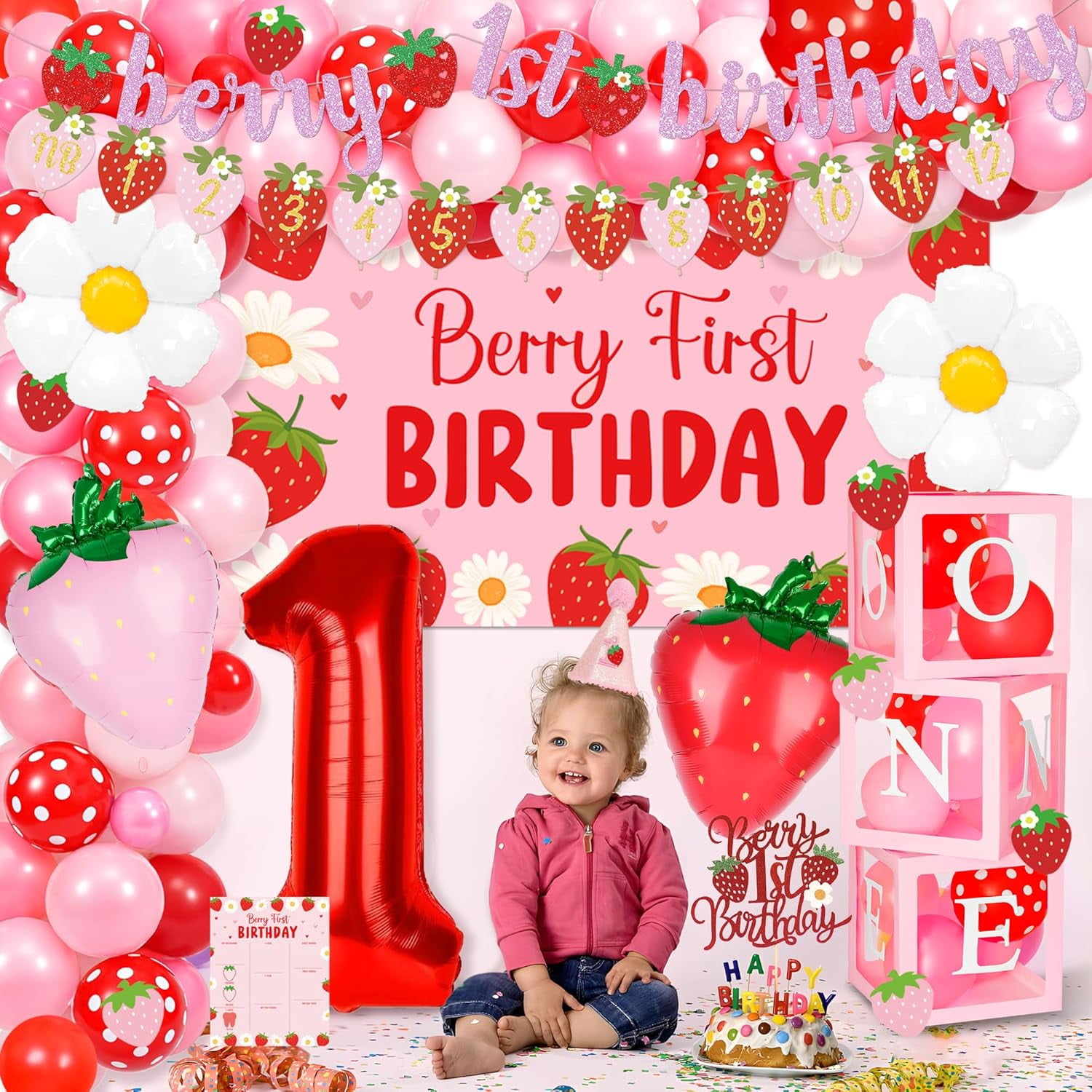 Berry First Birthday Decor Set Strawberry Theme for Girls 1st Birthday Balloon Arch Backdrop