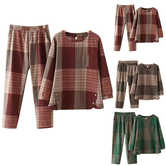 Yeaiivve Womens Plaid Pajama Sets 2 Piece Linen Matching Set Crewneck Long Sleeve Pullover and Elastic Waist Pants Pjs Lounge Sets Green XL