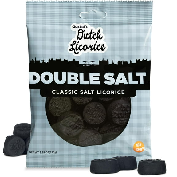 Gustaf's Dutch Licorice Double BCF26 Salt Coins - 5.2oz Bag - Salted Black Licorice Coins - Dutch Candy from Netherlands - Salty Black Liquorice Treats