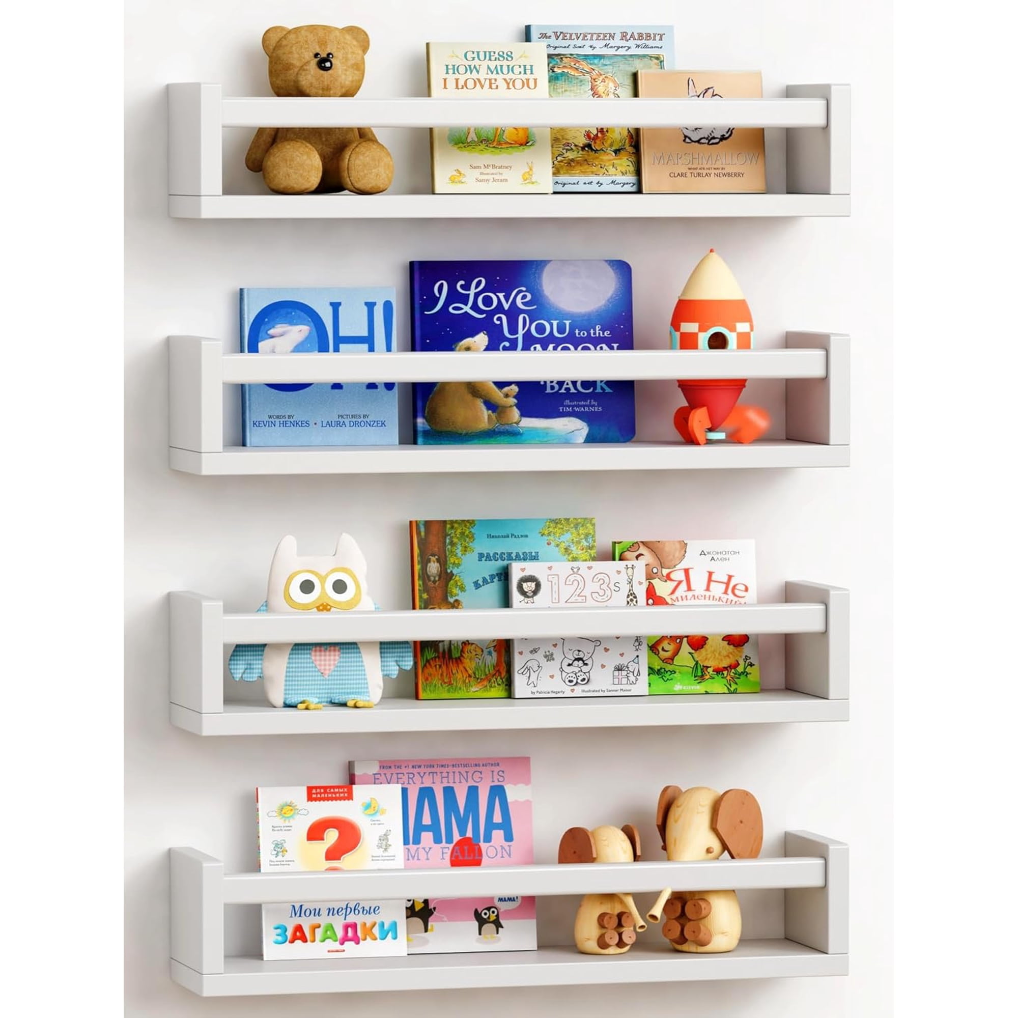 Alpinel Floating Nursery Book Shelves for Wall Set of 4, Wall Bookshelf for Kids Room, White Wood Hanging Bookshelves Book Shelf for Baby Toddler Childrens Boy Girl Bedoom Toy and Decor Storage