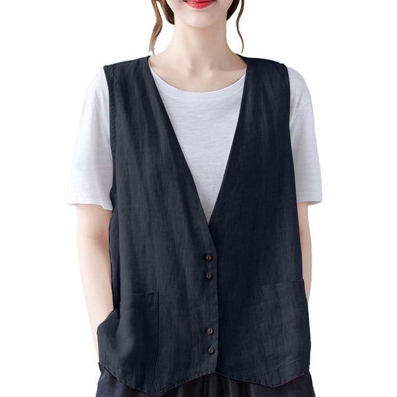 Tank Tops For Women Cotton Linen Vest Casual Loose V Neck Sleeveless Vests With Pockets Camisole Tops For Women