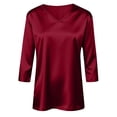 thumbnail image 5 of 3/4 Sleeve V Neck Women's Blouses Silk Satin Casual Dressy Tops Loose Fit Lightweight Soft Breathable Business Work Shirts, #02 Red, XXL, 5 of 7