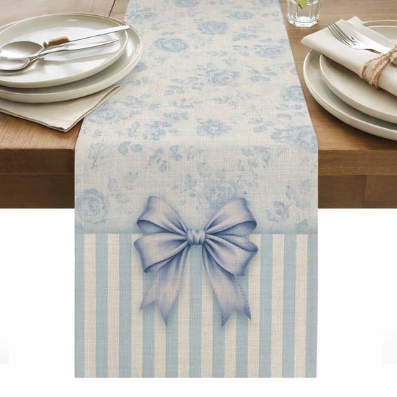 Vintage Blue Bow Table Runner Farmhouse Roses Floral Stripes Tablerunners 13 x 108 Inch, Table Decorations Tabletop Scarf for Summer Gathering Holiday Farmhouse Kitchen Dining Decor