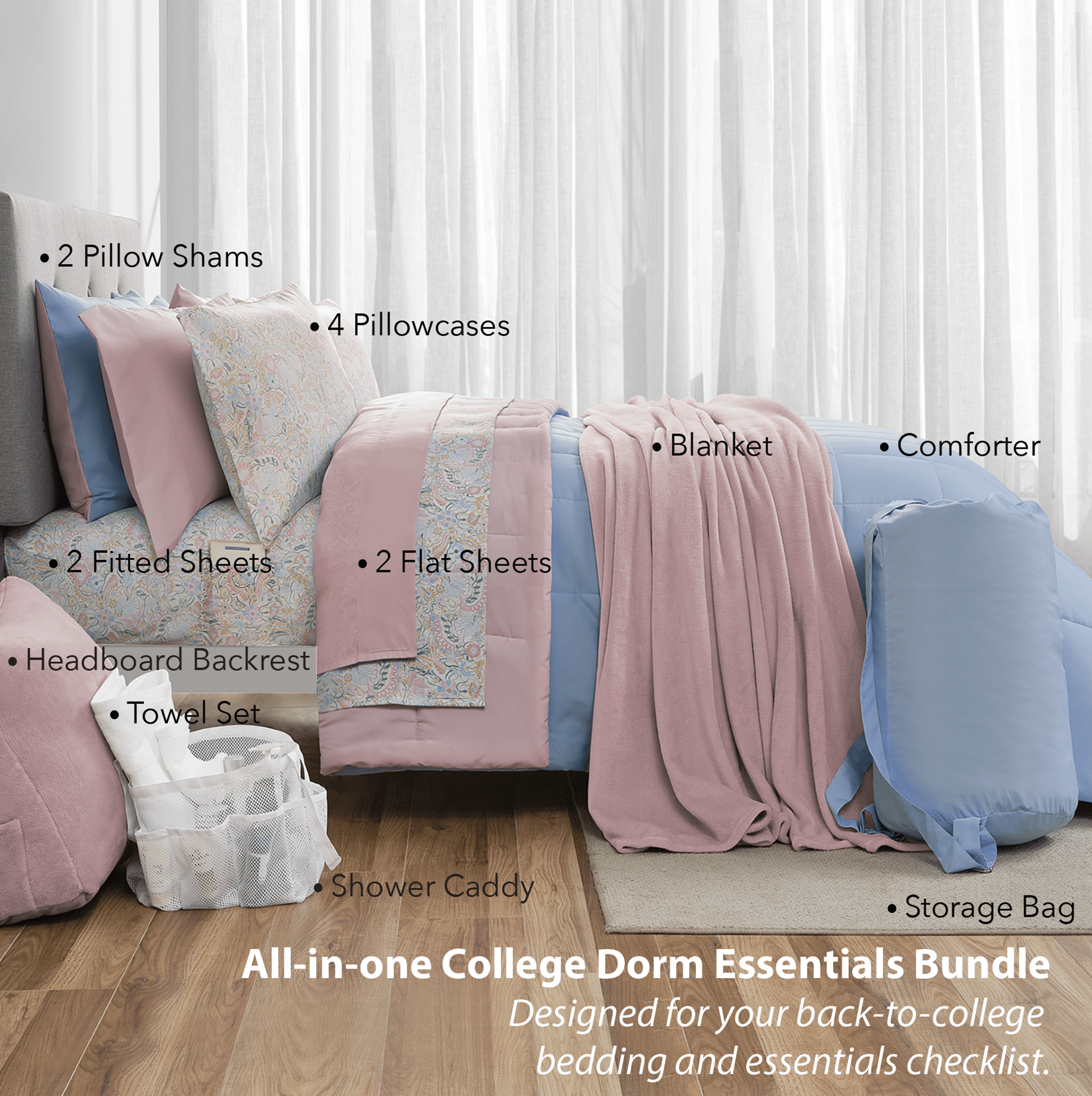 17pc College Dorm Essentials Bundle, Full, Reversible Bed in a Bag Comforter Set, Light Blue and Pink