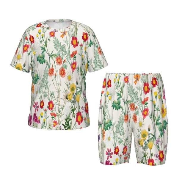 Balery Spring floral Conjunto de Pijama Infantil de Manga Corta con Estampado – Ropa de Dormir de Algodón Suave-Medium