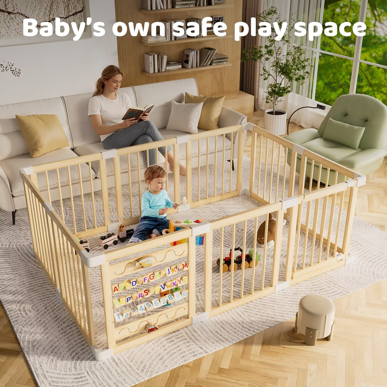 Babyeap Wooden Baby Playpen,Foldable Play Yards for Babies and Toddlers,Large Wood Play Gate with Built-in Toys,Baby Fence Activity Center 71x47x23.6 Inch