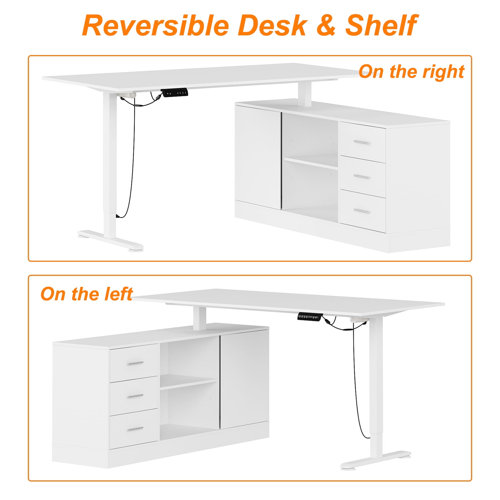 KULAGAGA Height Adjustable Electric Standing Desk with File Cabinet, 55.1 in x 63 in, White