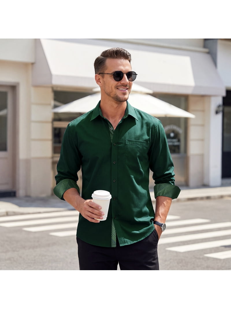 Sumtumn Mens Green Dress Shirt Long Sleeve Button-Up Casual Shirt with Inner Contrast Formal Business, Men's, Size: Medium
