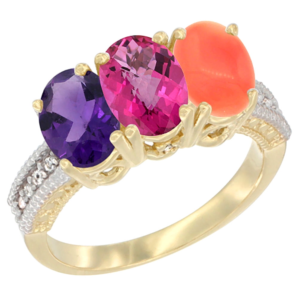 10K Yellow Gold Diamond Natural Amethyst, Pink Topaz & Coral Ring Oval 3-Stone 7x5 mm,sizes 5-10 by WorldJewels