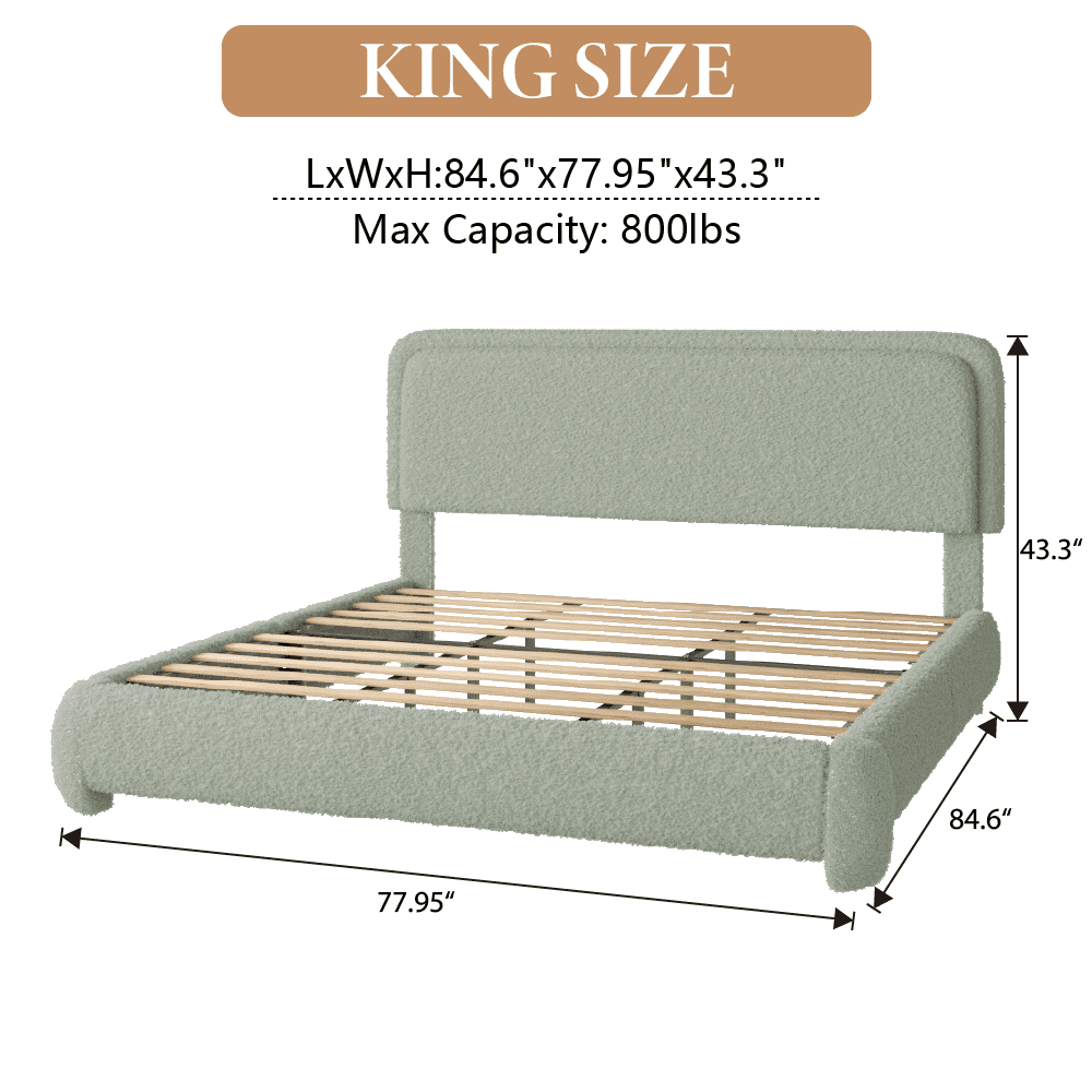 VIPLOV King Size Boucle Bed Frame, Cloud Upholstered Platform Bed with Height Adjustable Headboard & Soft Rounded Corners, No Noise Free, Easy Assembly.Green