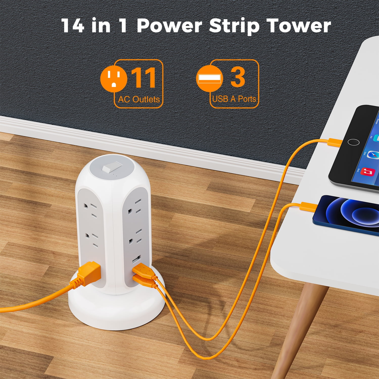 11-Outlet Spinning Charging Tower,  Power Strip with 5ft Ultra Thin Retractable Extension Cord and 3 USB Ports, 1050J Surge Protector, Gray