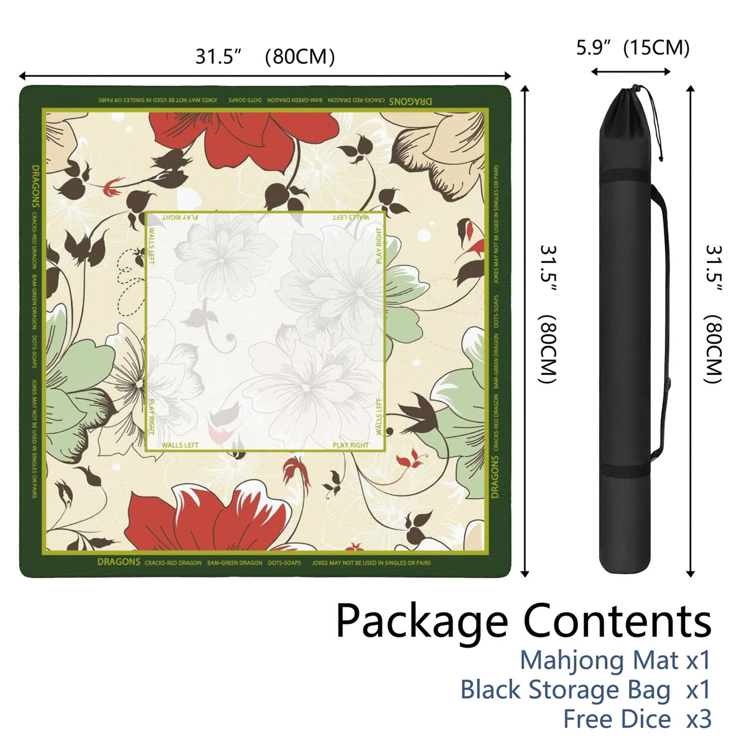 Floral Mahjong Mat with Rules, 31.5*31.5in Anti Slip American Mahjong Mat for Table, Noise Reduction, Neoprene Mah jongg Mats with Carrying Bag & 3 Dices, Mahjong Set Gift, Board Tile Games Mats