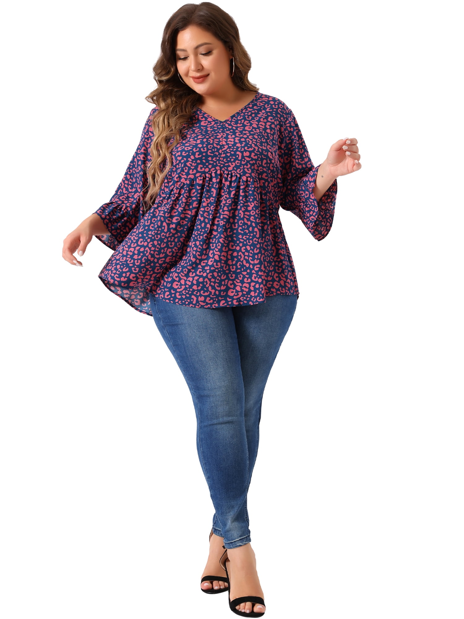 DARING DIVA Women's Plus V Neck Ruffle Sleeve Polka Dots Babydoll Top 4X Dark Blue