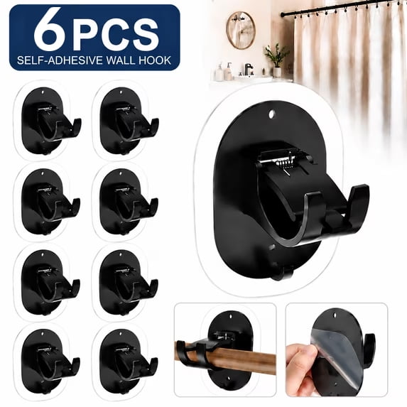 Sherry 6 Pcs No Drill Curtain Rod Brackets,Self Adhesive Curtain Rod Holders,Nail Free Adjustable Curtain Rod Holders,Suitable for Bedroom, Livingroom, Kitchen, Bathroom(Black)