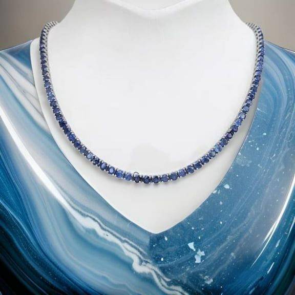 925 Silver Lab Blue Sapphire Tennis Necklace,Blue Sapphire Stone Initial Necklace,Gold Tennis Necklace,September Birth Necklace Gift For Her