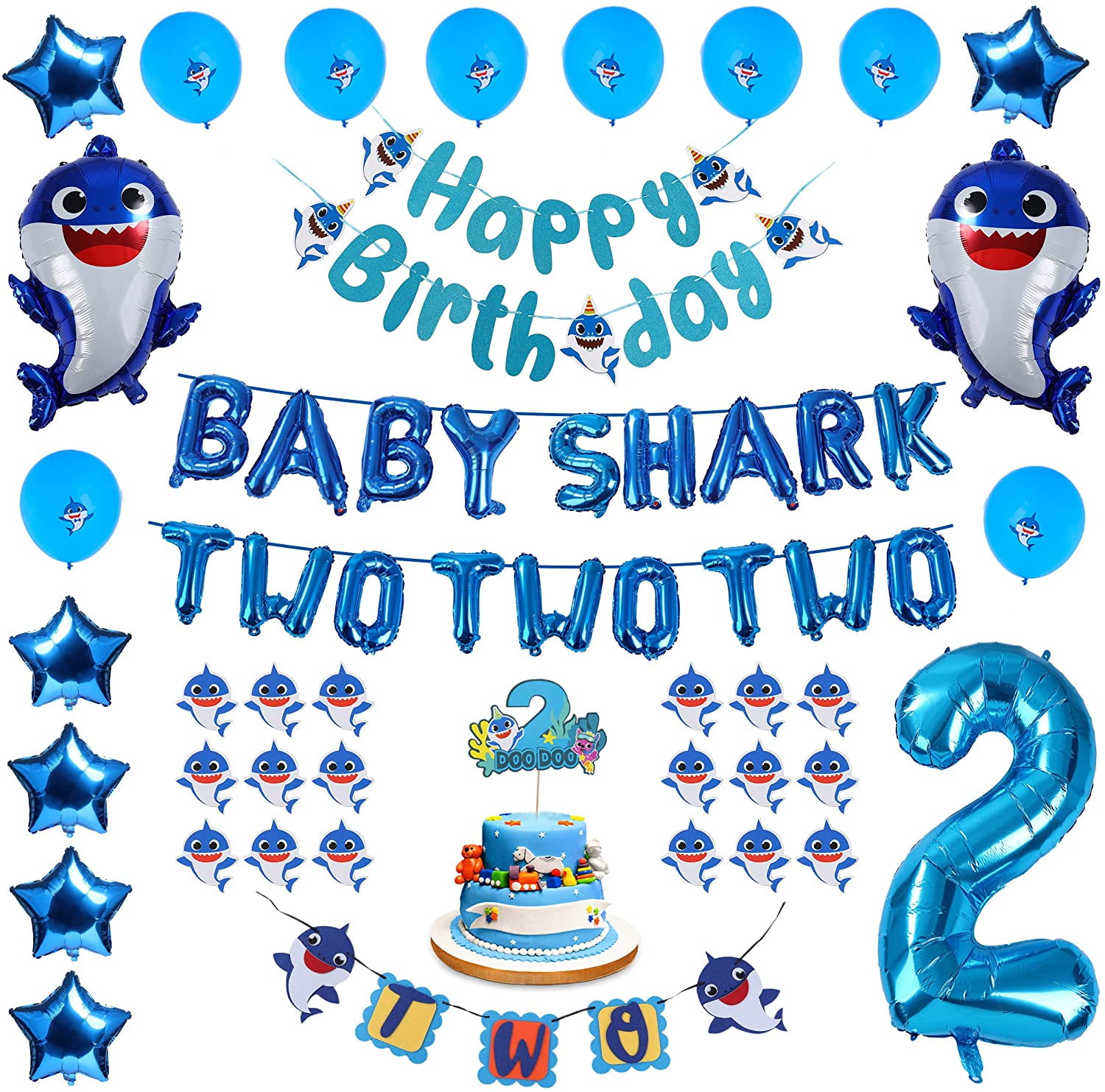 Pink Baby Shark 2nd Birthday Decorations for Girl Pink Baby Shark TWO TWO TWO and Number 2 Foil Balloons 2 DOO DOO Cake Topper Happy Birthday and TWO Banner Cute Shark Latex Balloon Cupcake Toppers For Baby Girls Second Bday 