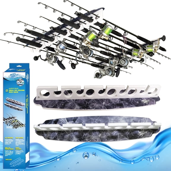 Rush Creek Creations Reel Salty Fishing Rod Holder, 11 Rod Capacity, Wall or Ceiling Mount, Marine Grade, Gray