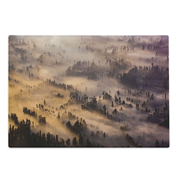 Mystic Cutting Board, Sunrise over a Foggy Mystic Forest Summer Morning Time Wildlife Scenic Picture, Decorative Tempered Glass Cutting and Serving Board, Large Size, Yellow Brown, by Ambesonne