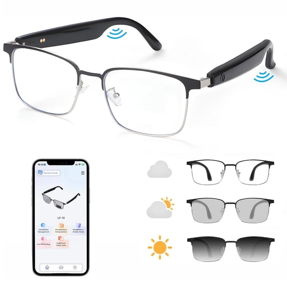 NJWY Smart Audio Glasses with Bluetooth 5.4, Photochromic Anti-Blue Light Lens, Voice Assistant, IPX5 Waterproof, 6H Playtime, Silver