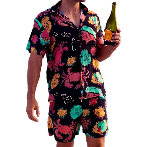 Orqqct Men 2 Piece Printed Button Down Beach Hawaiian Shirts Suit and Elastic Waist Shorts
