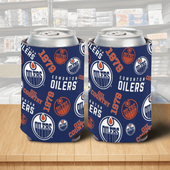 Edmonton Oilers Blue Logos Hockey Can Cooler 12oz Holder Double Sided