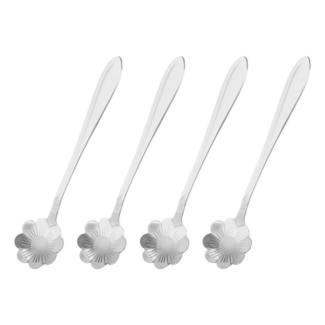 Unique Bargains 4Pack 5' Stainless Steel Flower Spoons Coffee Spoons Small Teaspoon, Silver