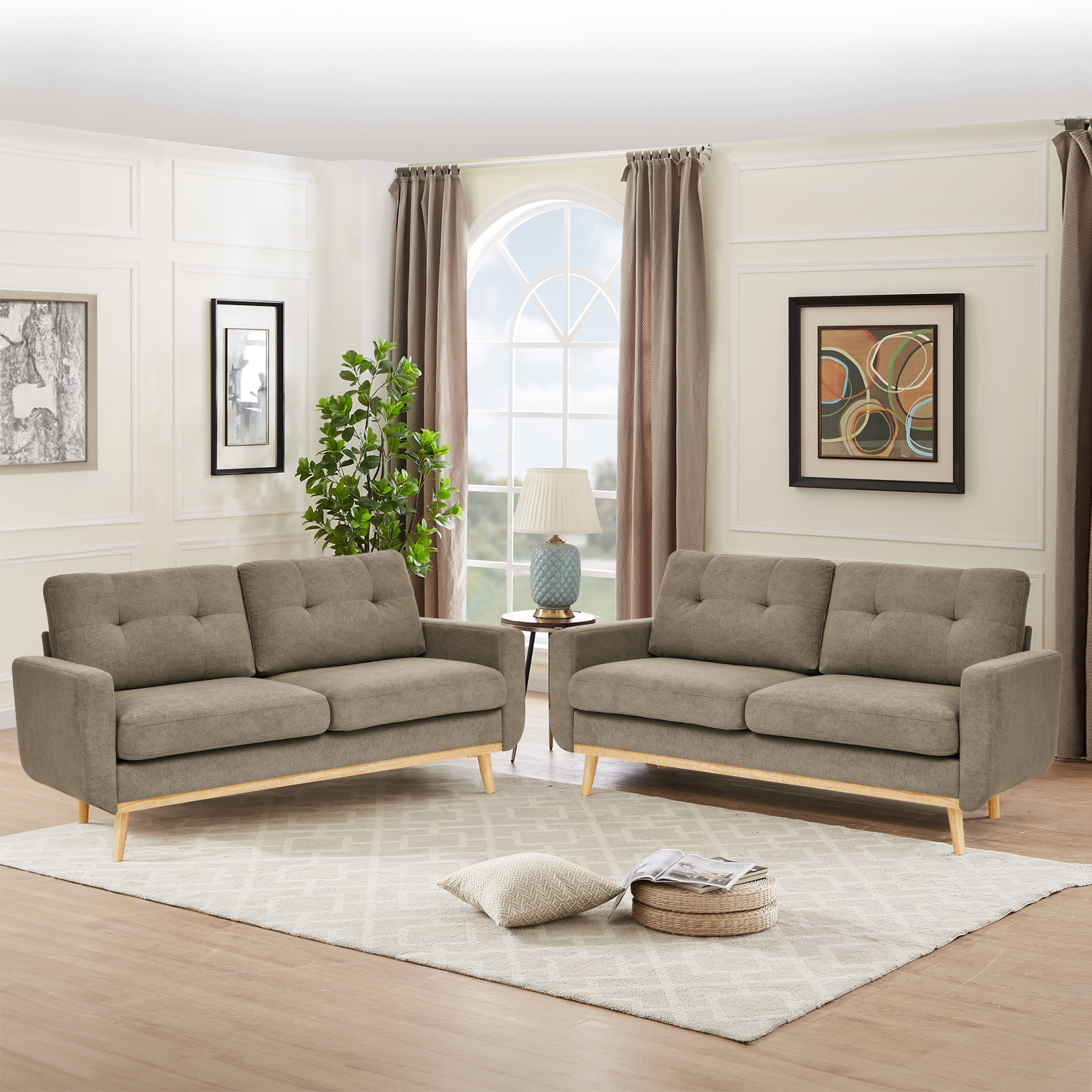 Timbernest 67.7" Loveseat Sofa, Mid-Century Loveseat Couch with Wooden Legs, Khaki Tufted Upholstery