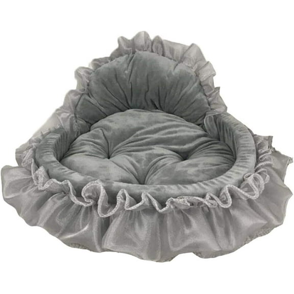 Pet Dog Cat Bed, Self Warming Plush Calming Cat Bed, Lace Princess Cute Cat Cushion Bed, Pet Warm Bed with Waterproof Bottom,Machine Washable,Gray,S
