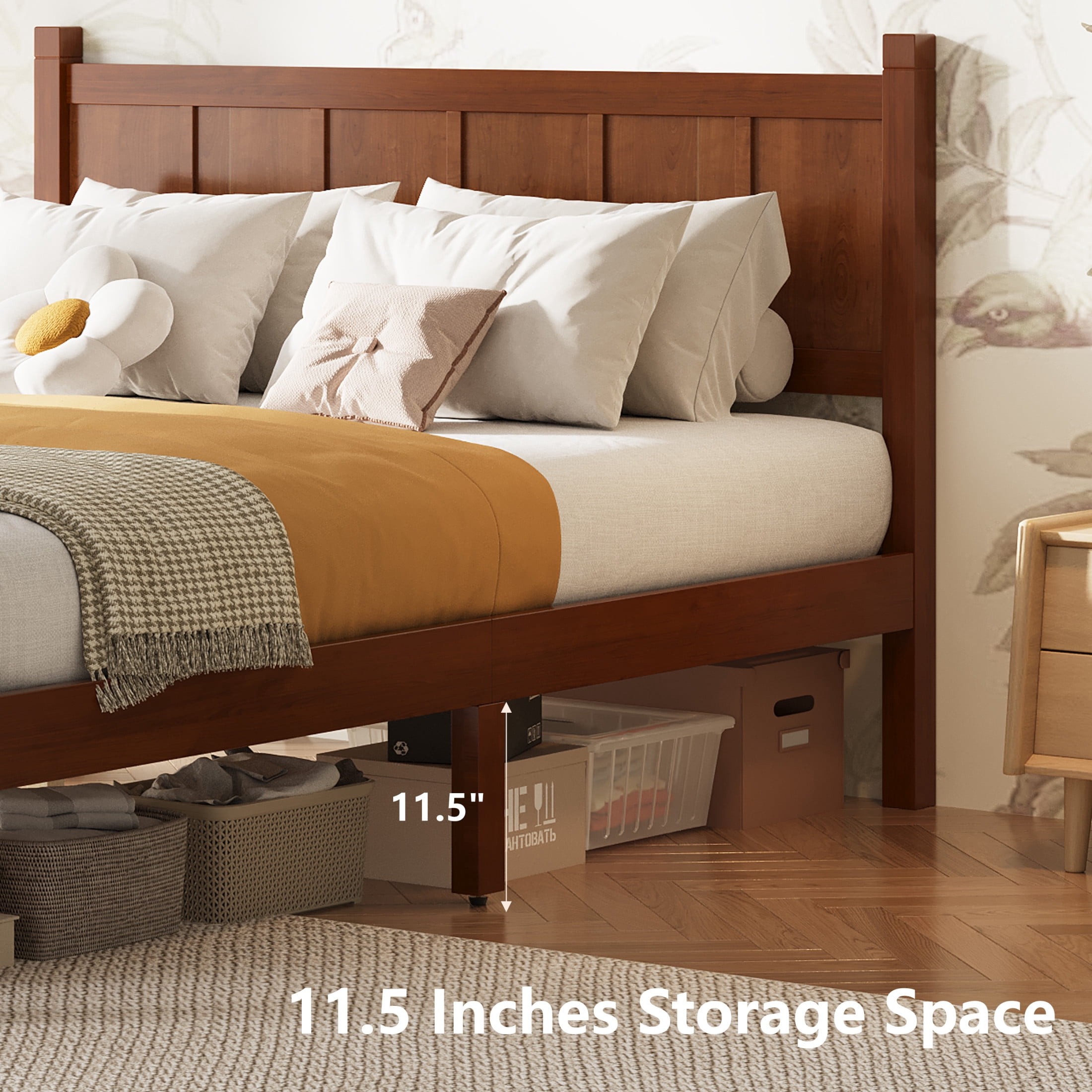 Noble House Full Platform Bed with Headboard and Footboard, Wood Frame, Dark Walnut