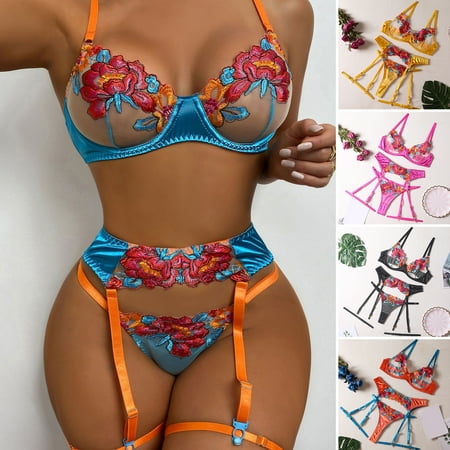 

Hopeup 1 Set Women Bra Panties Set Contrast Color Flower Embroidery High Elasticity Perspective Lace Seductive Backless Low Cut Wire Bra Briefs Set with Garter And Waist Strap for Pajama Party