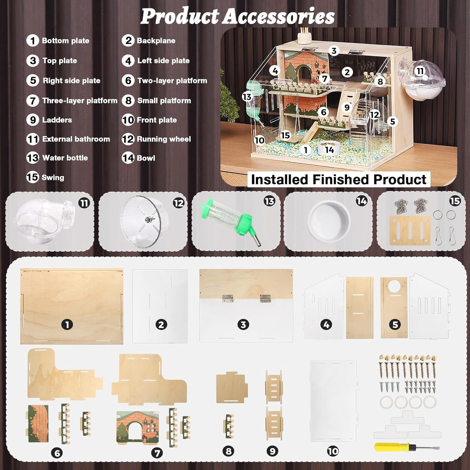 11 in 1 Wooden Hamster Cage with All Accories 15.8 Inch 3Layer Dwarf Hamster Cage Acrylic Small Animal Cages Pastoral Style Mouse Cage for Pet Mice Hedgehog with Stairs Fences and Swing