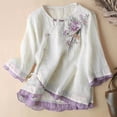 thumbnail image 2 of OSOLU Solid Color Women Placket Short Sleeve Flax Buckle Design Embroidered 3/4 Sleeve Ethnic Style Tops T-Shirt Tee Relaxed Fit Dailywear, 2 of 3