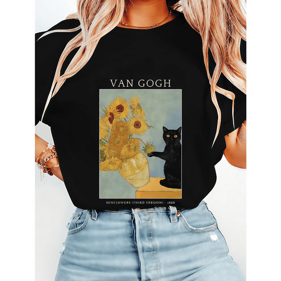 Cat Lover Print Tshirts Funny Black Cat & Artistic Van Gogh Sunflowers Graphic Tees Short Sleeve Casual Tops Vintage Art Shirts for Daily Outfits Black,S