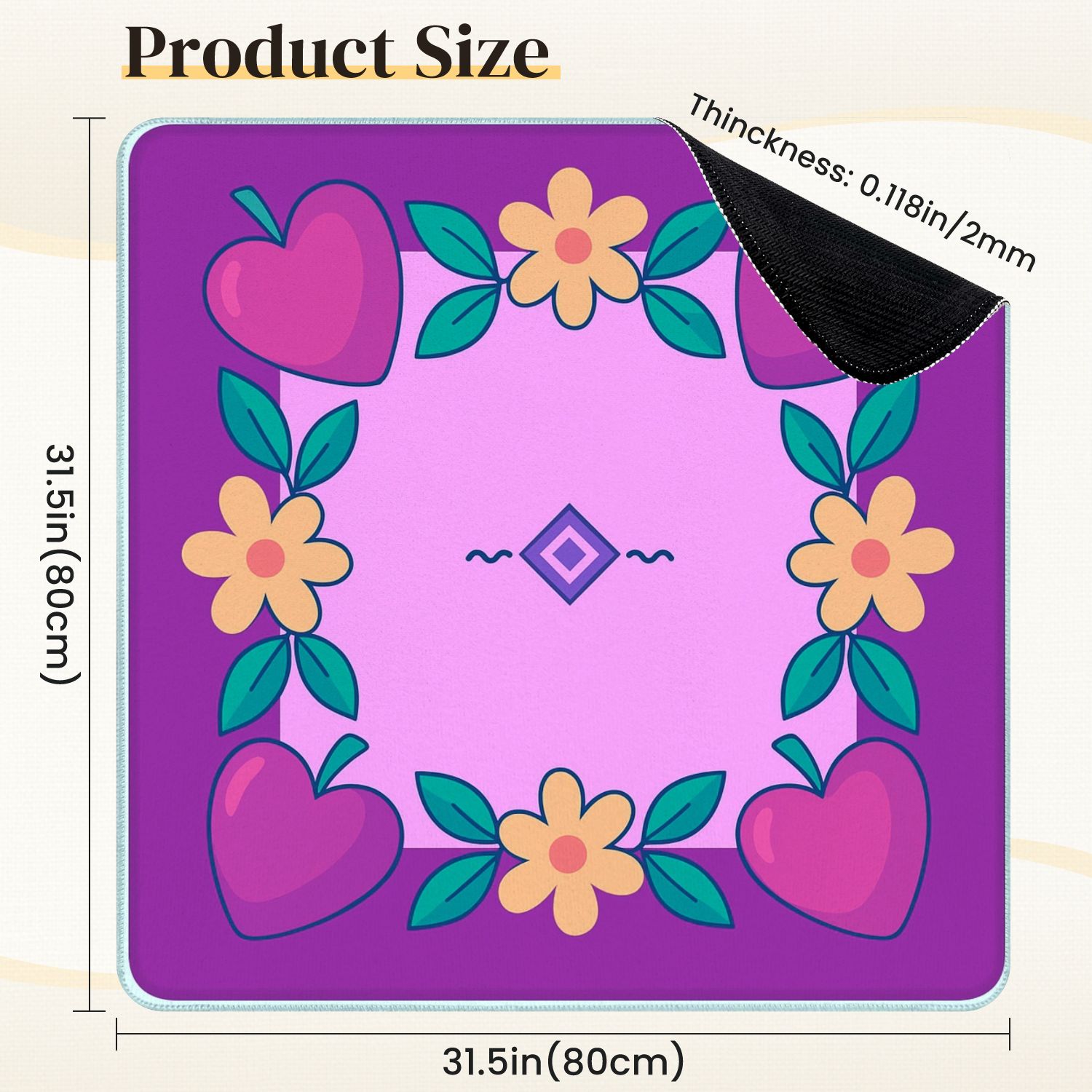 Mahjong Mat 31.5" x 31.5" Colorful Heart Flower Frame Geometric Center Anti-Slip and Noise Reduction Symmetry Design Mahjong Tiles Table Cover for Dominoes Poker Card Board and Tile Games