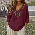 thumbnail image 2 of GEWSEY Linen Tops for Women 2026 Trendy Boho Embroidered V Neck 3/4 Sleeve Blouses Dressy Casual Loose Fit Shirts (Wine, 3XL), 2 of 8