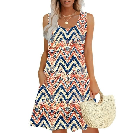 Summer Savings Clearance Cagogo Womens Summer Casual Sleeveless Midi Sundresses Floral Print Vintage Flowy Swing Loose Pockets Church Graduation Dress U Neck Plus Size Trendy Holiday Cocktail Dress