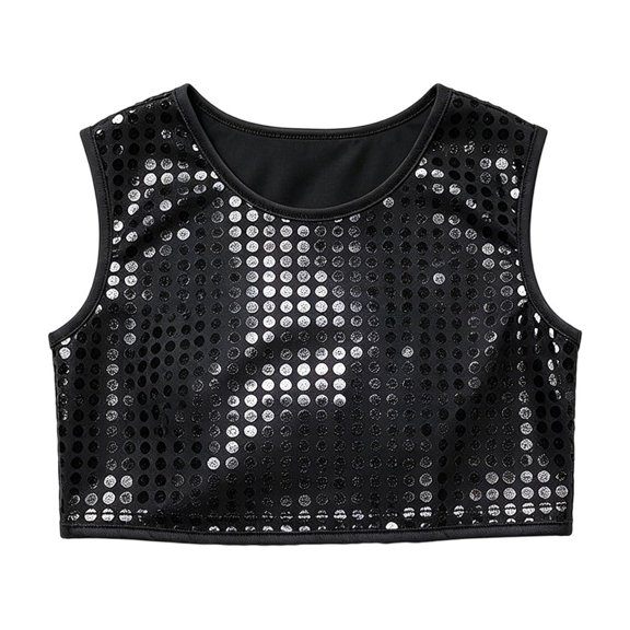 Lullu Little Girls Sequins Crop Top Shiny Stage Performance Dance Round Neck Tank Tops