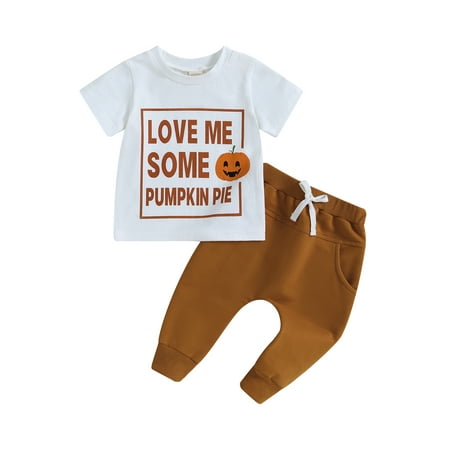 

ELF Infant Baby Halloween 2Pcs Outfit Letter Pumpkin Print Short Sleeve Tops+Long Pants Set