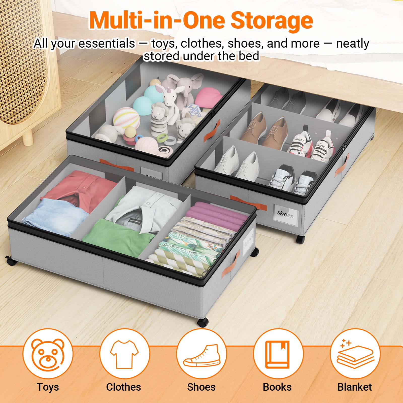 LIZEVINC 2-Pack Large Under Bed Storage with Wheels and Lids – Adjustable Height Rolling Storage Bins with Dividers, Space-Saving Underbed Organizer for Clothes, Shoes, Blankets（Gray）