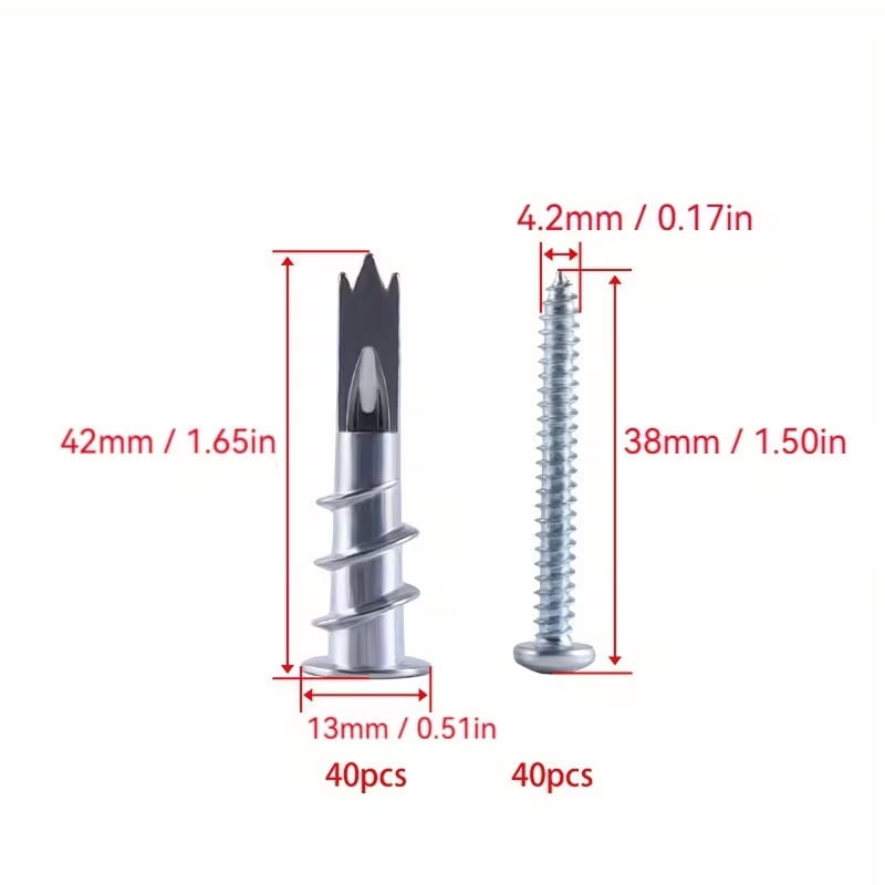 Heavy Duty Zinc Alloy Self-Drilling Drywall Anchors & Screws Kit - 40 Count Wall Anchors with 40 Count 8 x 1-1/2 Screws for Drywall, Slate, Cavity Wall, and Plaster Wall