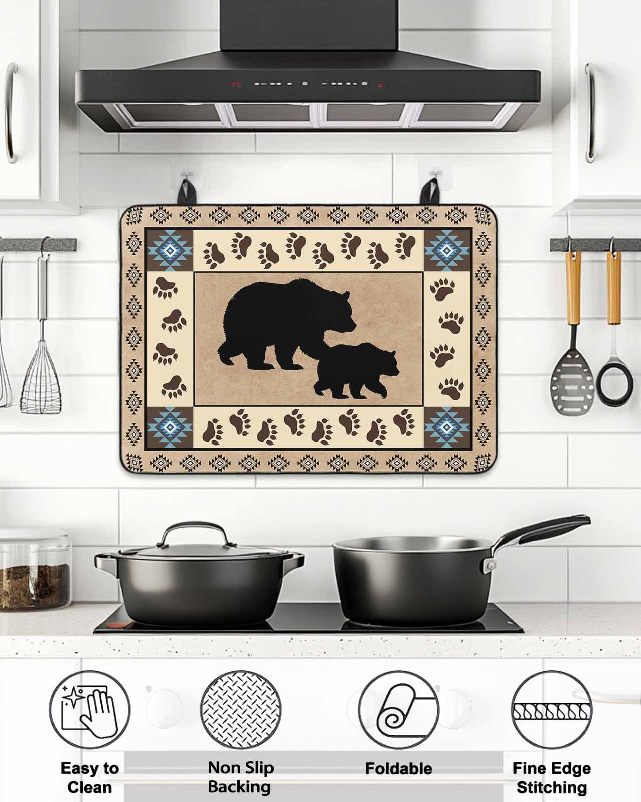 Stove Top Covers for Electric Stove, Farmhouse Bear Glass Stovetop Cover Protector, Country Vintage Animals Paw Print Brown Induction Cooktop Protector Oven Mat for Kitchen Countertop 24"x21"