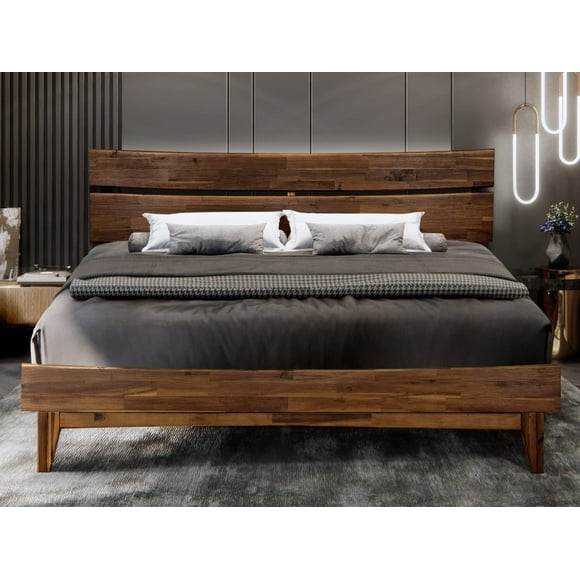 Acacia Aurora Bed Frame with Headboard Solid Wood Platform Bed, Queen Size Bed Frame, Unique Design Contemporary Signature Wood Bed Compatible with All Mattresses, Non-Slip and Noise-Free, Chocolate