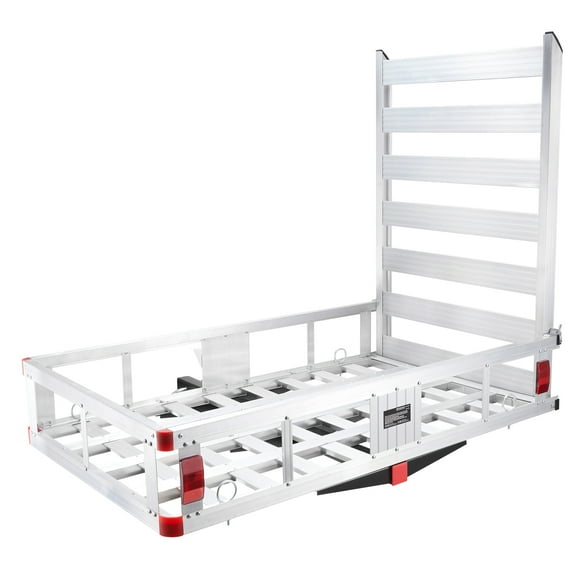 KFFKFF Hitch Cargo Carrier of dimensions 50 x 29.5 x 8.7 inches, with a load-bearing capacity of 500lbs. This Trailer Hitch Mounted Cargo Basket is made of Aluminum and comes with a foldable ramp