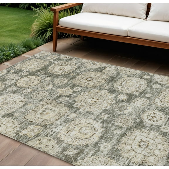 8' X 10' Taupe Beige And Gray Floral Washable Indoor Outdoor Area Rug