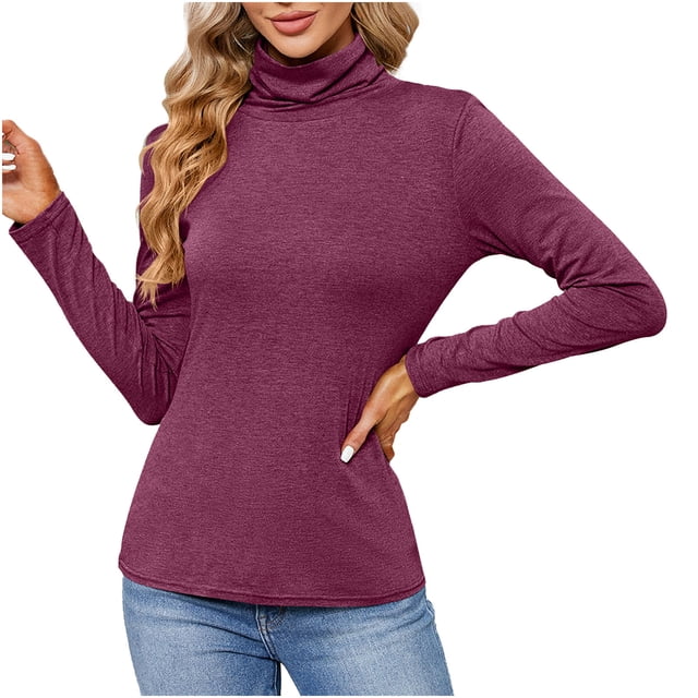 Pisexur Chandails Décontractés à Manches Longues pour Femmes Col Montant Col Roulé Simulé Hauts Coupe Ajustée Basique Légers T-Shirts Unis