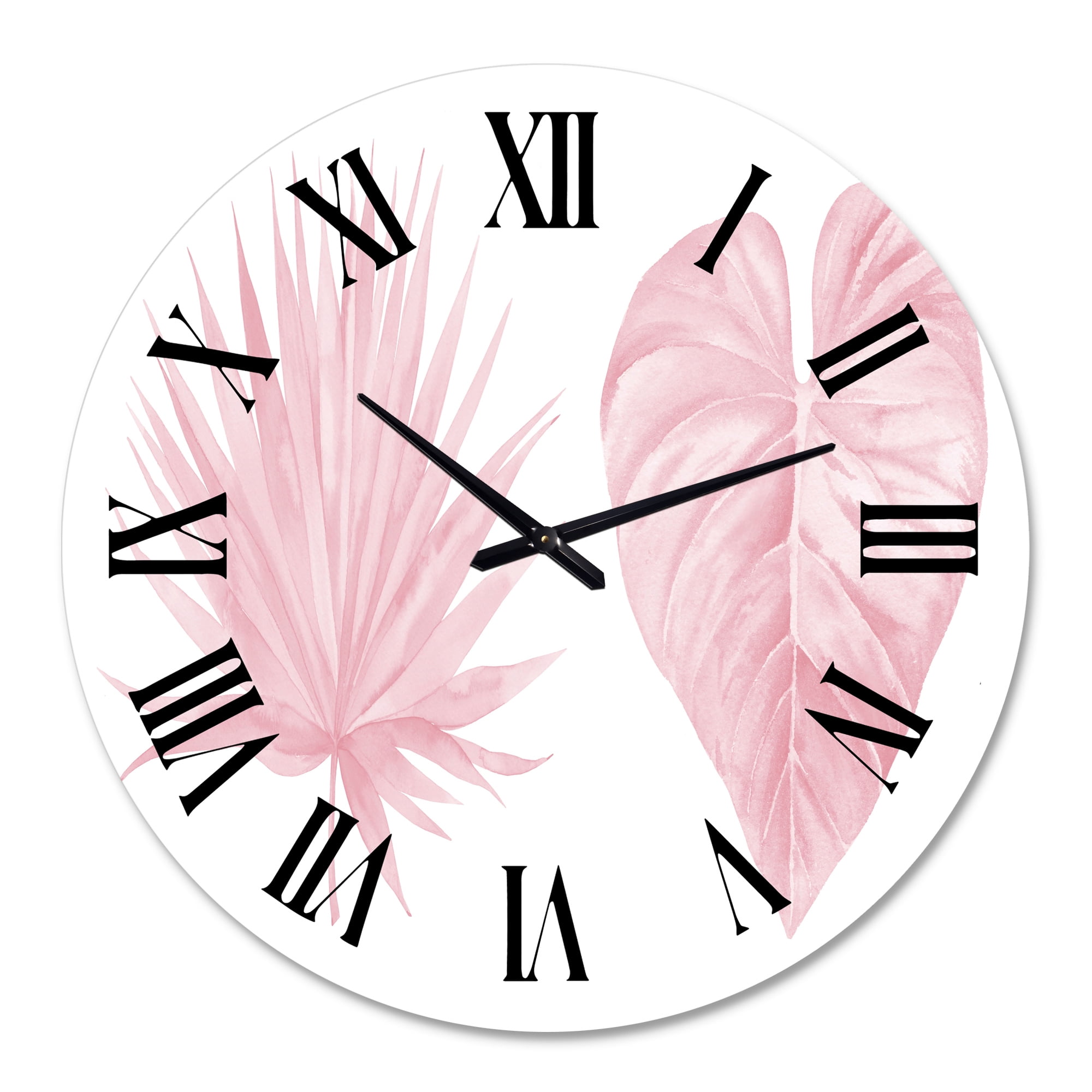 Designart 'Tropical Pink Watercolour Leaves Ii' Shabby Chic Wall Clock