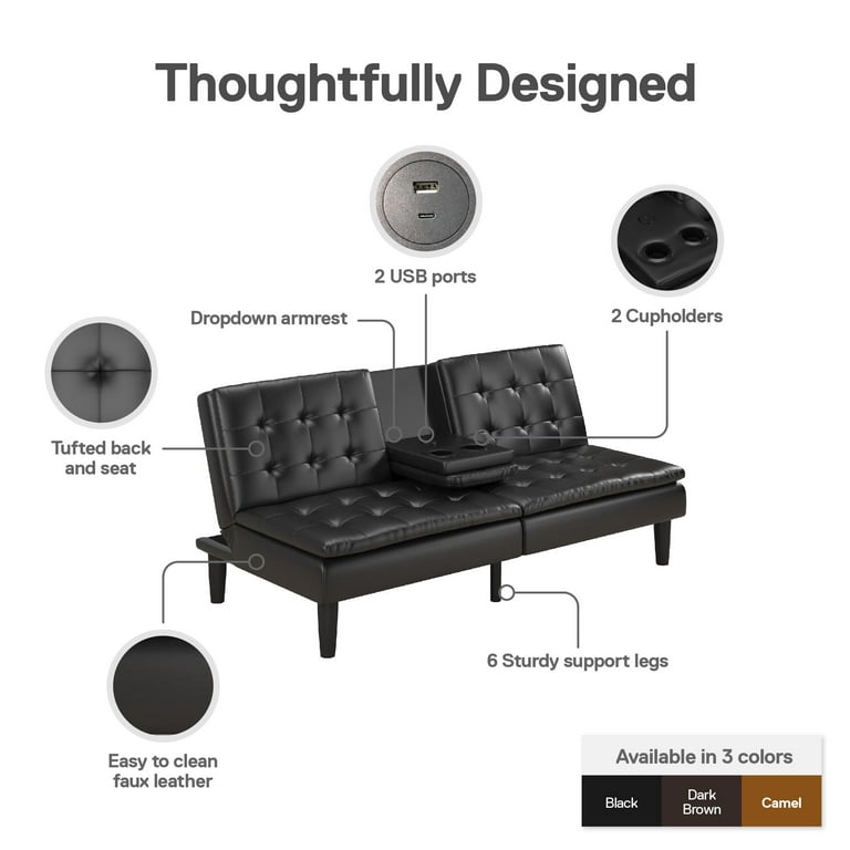 Upholstered in faux leather mainstays on sale memory foam pillowtop futon with cupholders