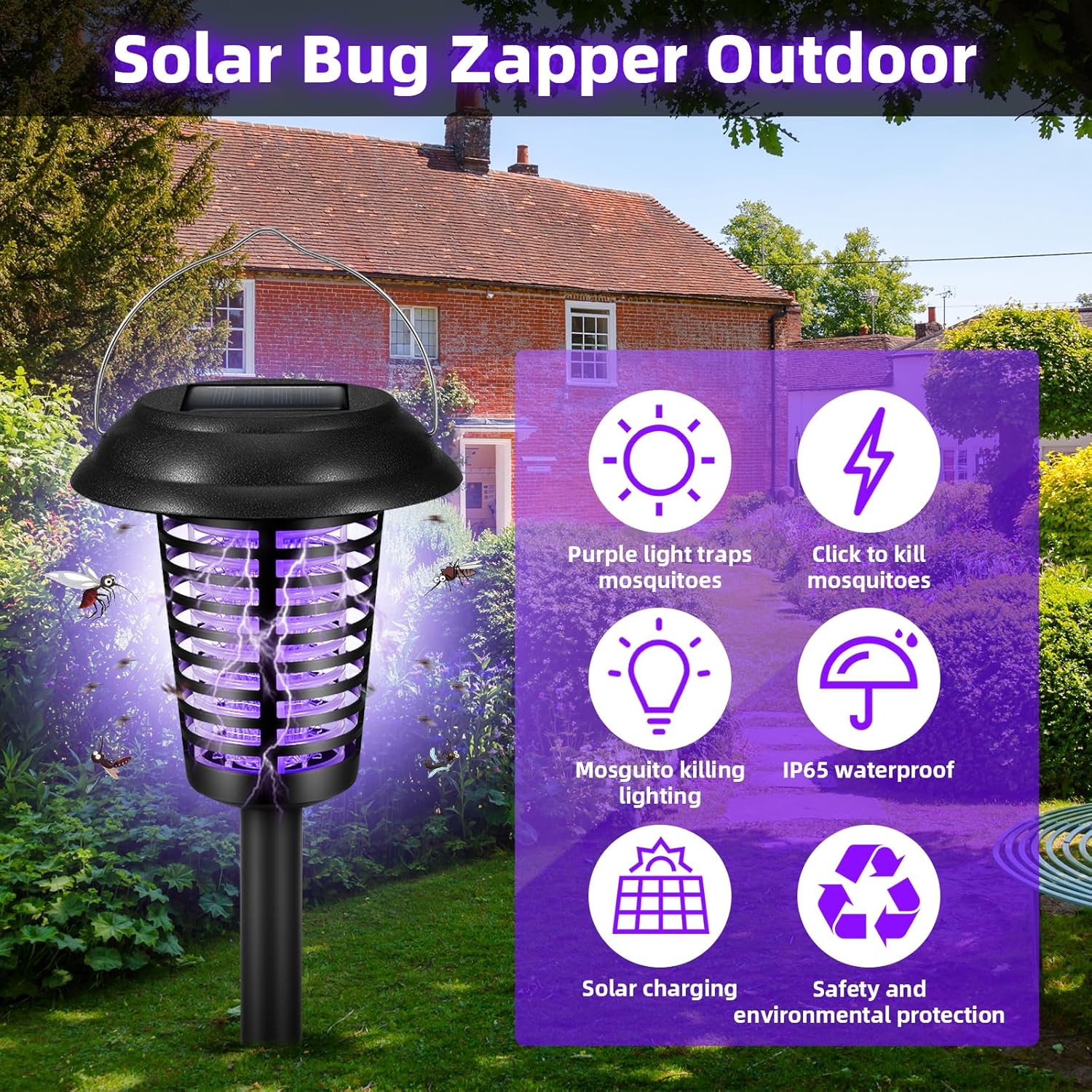 G · PEH Solar Bug Zapper, 2 Pack Outdoor Solar Powered Mosquito Zapper Killer Lamp Fly Zapper Repellent Lighting Stake Landscape Fixture
