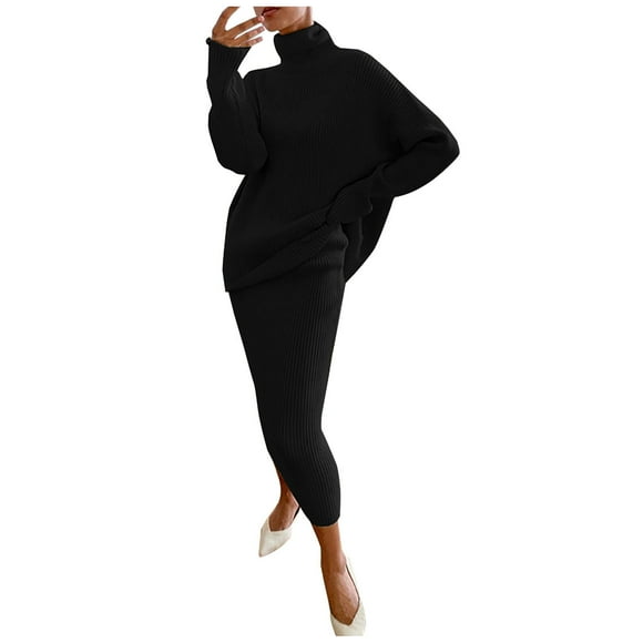 Women Casual Solid Knitting Slimming Hip Wrap Long Sleeve Turtleneck Sweaters Skirt Suit